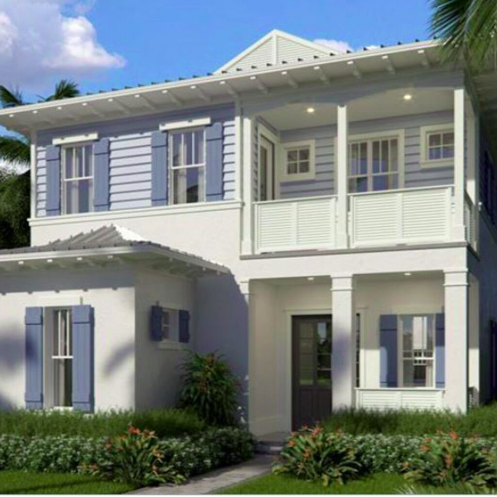Blue and White Single Family Home with Balcony and Front Yard in South Florida Funded Deal