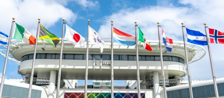 Miami International Airport with Country Flags Waving in the Wind