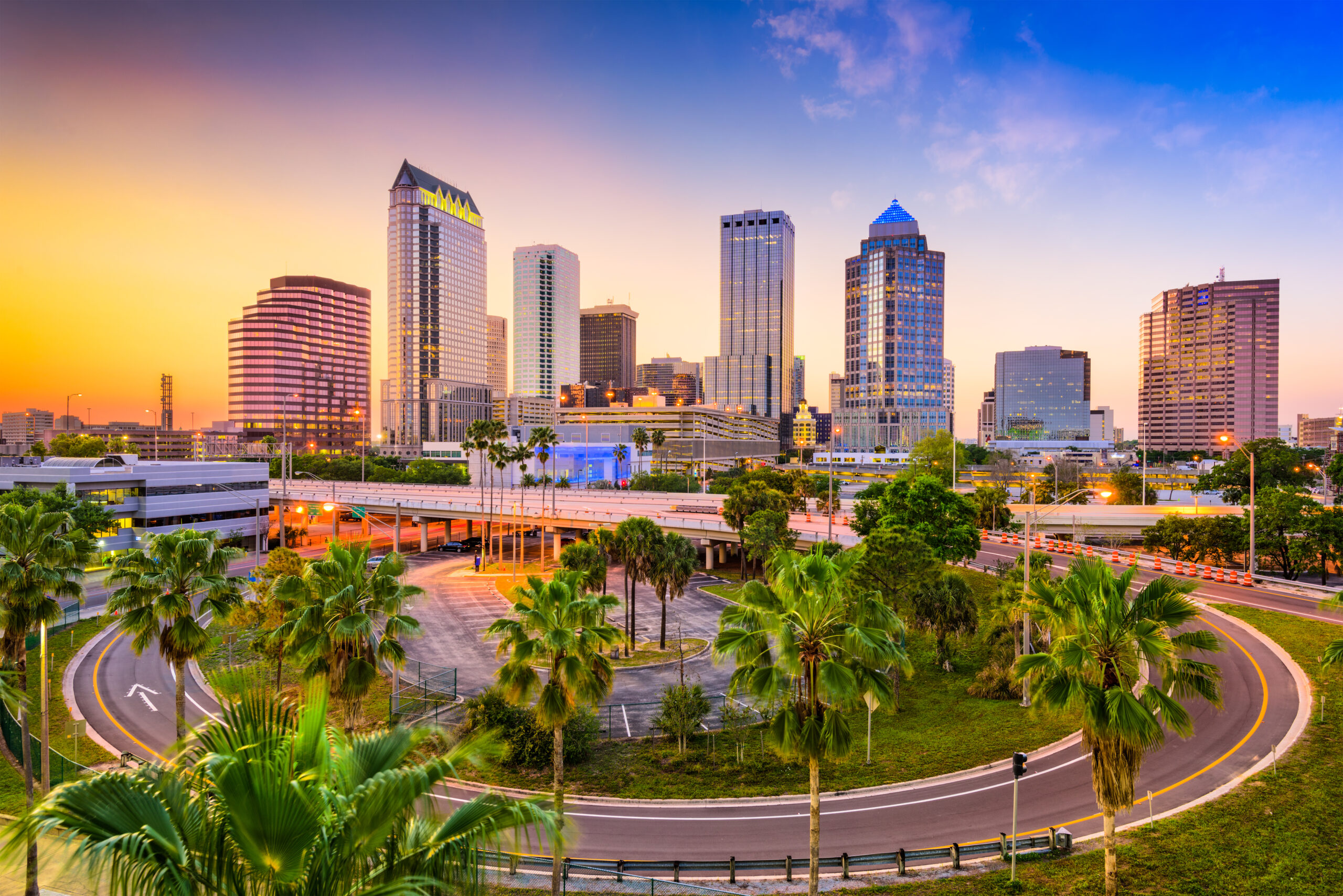 Downtown Tampa Florida Skyline with Palm Trees and Sunset