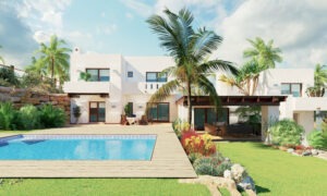 Modern luxurious investment property 3D rendering with large yard and pool in Florida