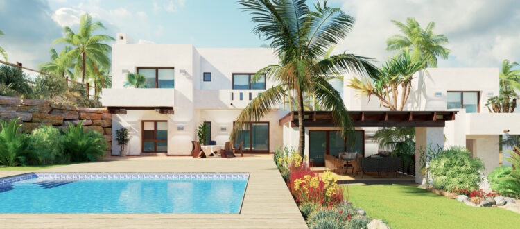 Modern luxurious investment property 3D rendering with large yard and pool in Florida