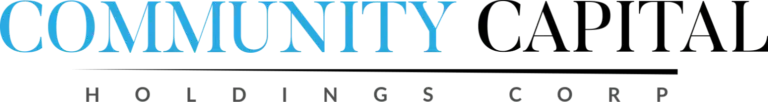 Logo for Community Café branding in blue and black text with a small tagline beneath.
